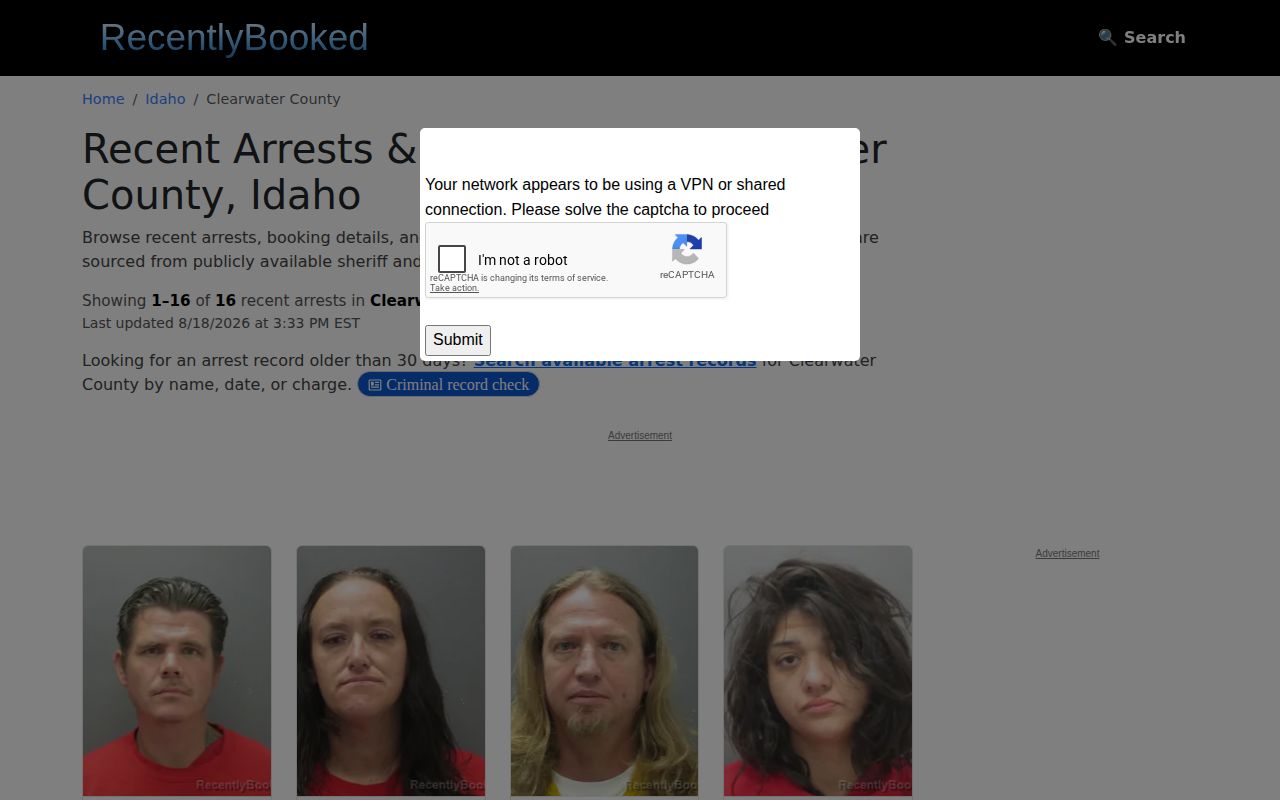 RecentlyBooked Clearwater County private recent-arrests page context