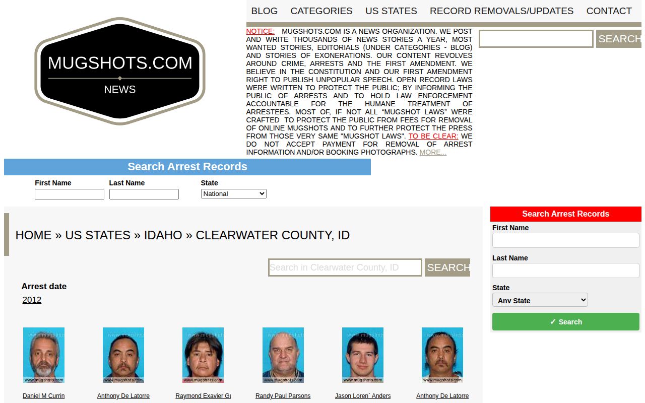 Mugshots.com Clearwater County historical booking-record aggregation context