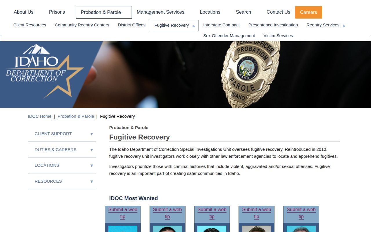 Idaho Department of Correction fugitive recovery and wanted-record resource for Clearwater County