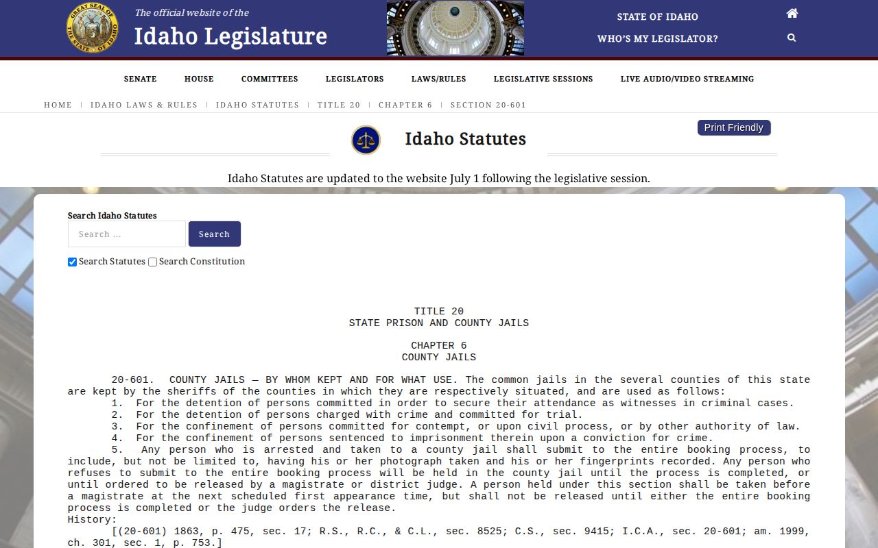 Idaho Code Section 20-601 booking record law for Clearwater County