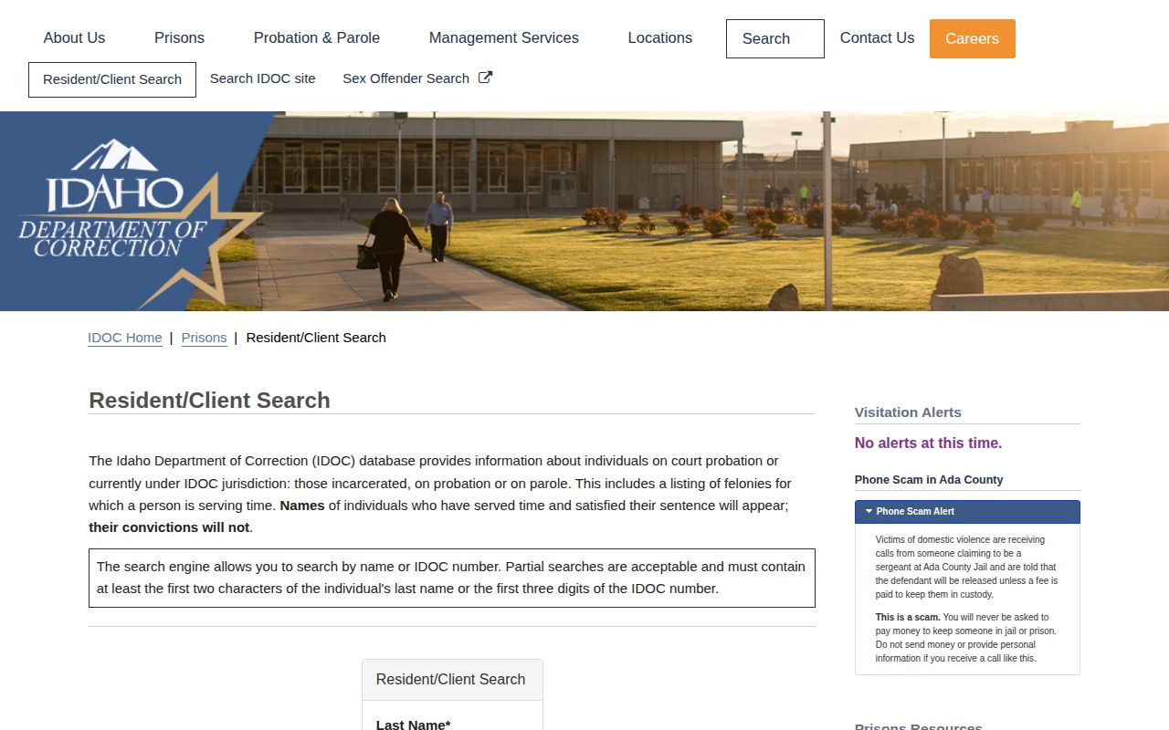 Idaho Department of Correction resident search for Clearwater County state custody records